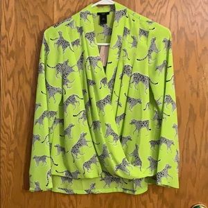 Neon green, cheetah print blouse.